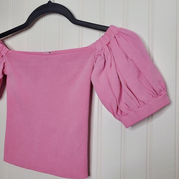 ZARA Women's Pink Balloon Sleeve Knit Top Size XS Puff Sleeve Barbie Stretchy - Picture 3 of 7